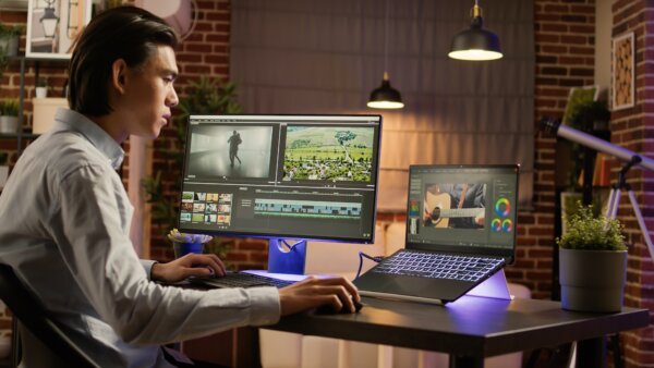 Graphic designer working on editing footage software