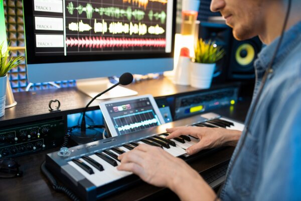 Young musician sitting by workplace and pressing keys of piano keyboard